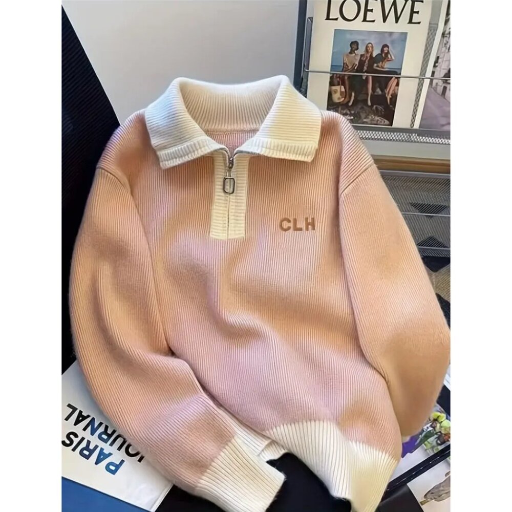 Elegant Long-Sleeve Zip-Up Knit Cardigan with Contrast Collar